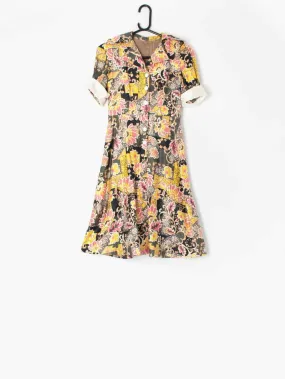 1960s vintage floral shirtwaist dress in yellow grey and pink midi length – Petite / Extra Small