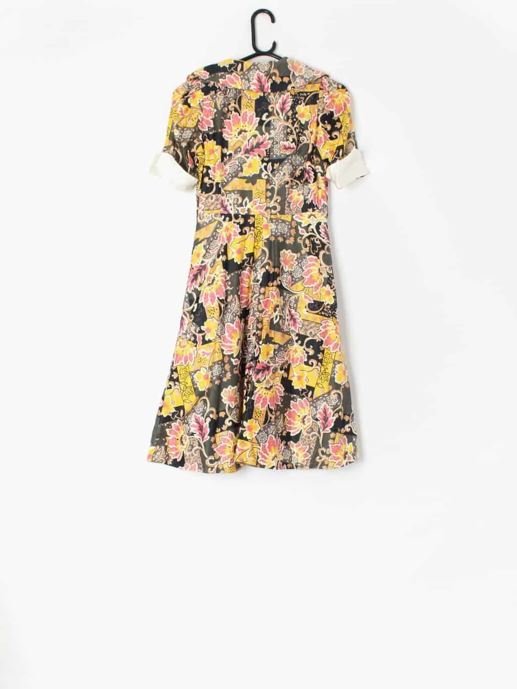 1960s vintage floral shirtwaist dress in yellow grey and pink midi length – Petite / Extra Small