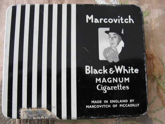 20s ART DECO Marcovitch Black and White Magnum Cigarettes Tin Box, English Tin, Marcovitch of Piccadilly, Collectible Litho Tins