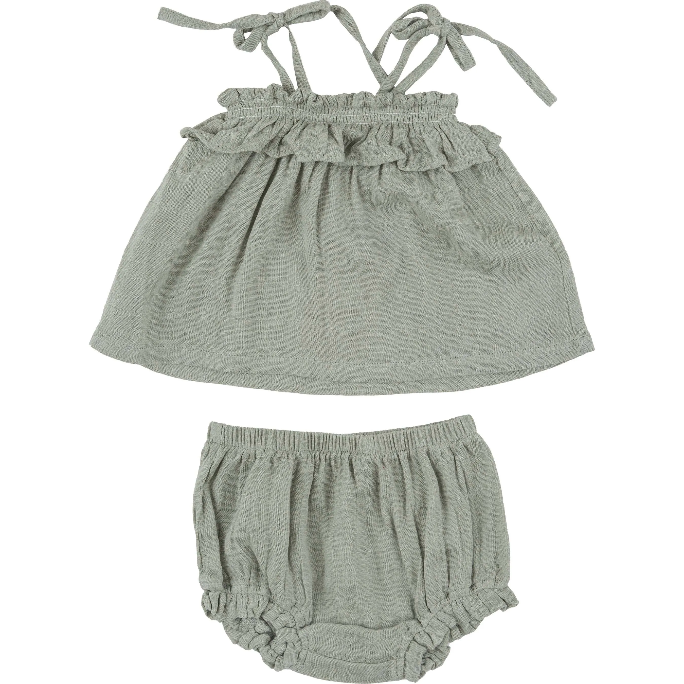 Angel Dear Desert Sage Solid Muslin Ruffle Top & Bloomer, Green