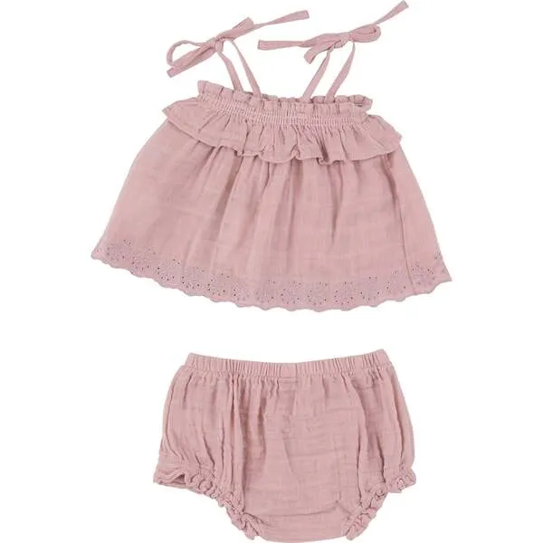 Angel Dear DUSTY PINK SOLID MUSLIN RUFFLE TOP & BLOOMER, Pink