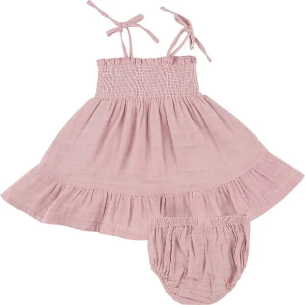 Angel Dear DUSTY PINK SOLID MUSLIN TIE STRAP SMOCKED SUN DRESSS DIAPER COVER, Pink