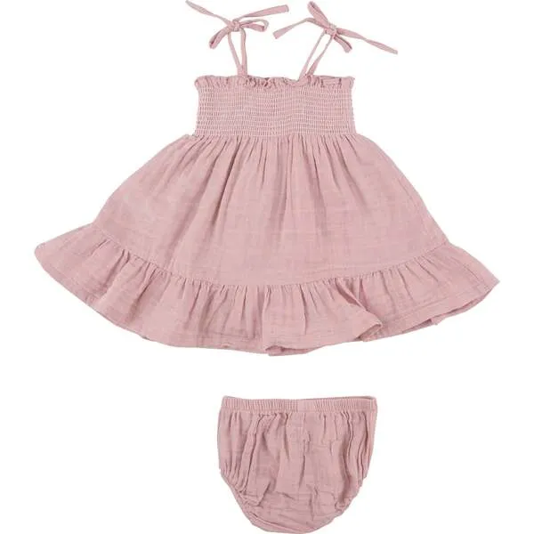 Angel Dear DUSTY PINK SOLID MUSLIN TIE STRAP SMOCKED SUN DRESSS DIAPER COVER, Pink