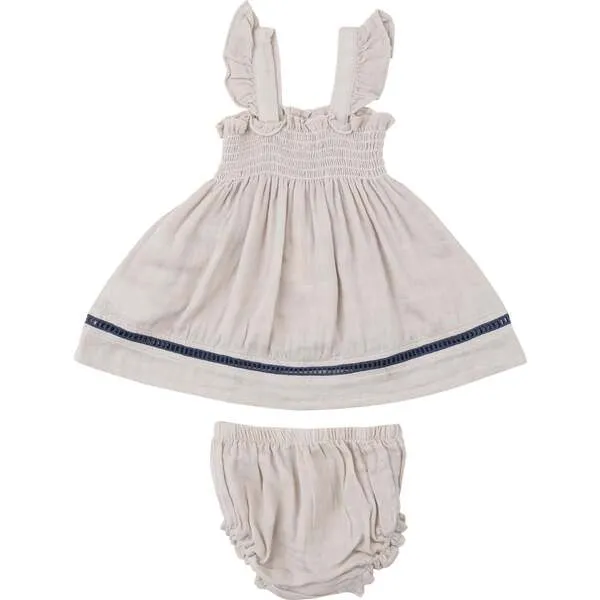 Angel Dear Oatmeal Solid Muslin Ruffle Strap Smocked Top + Diaper Cover With Trim, Taupe