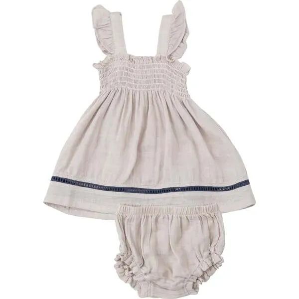 Angel Dear Oatmeal Solid Muslin Ruffle Strap Smocked Top + Diaper Cover With Trim, Taupe