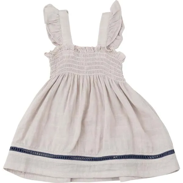 Angel Dear Oatmeal Solid Muslin Ruffle Strap Smocked Top + Diaper Cover With Trim, Taupe