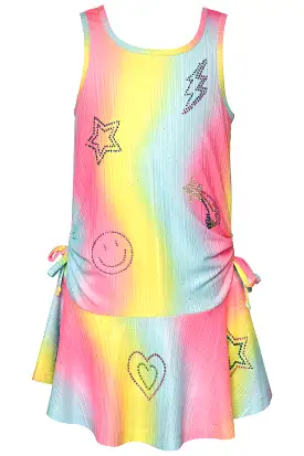 Baby Sara Drop Waist Rainbow Stripe Dress w/Rhinestone Detail