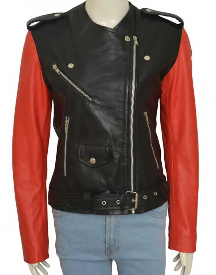 Belted Red And Black Hailey Baldwin Leather Jacket