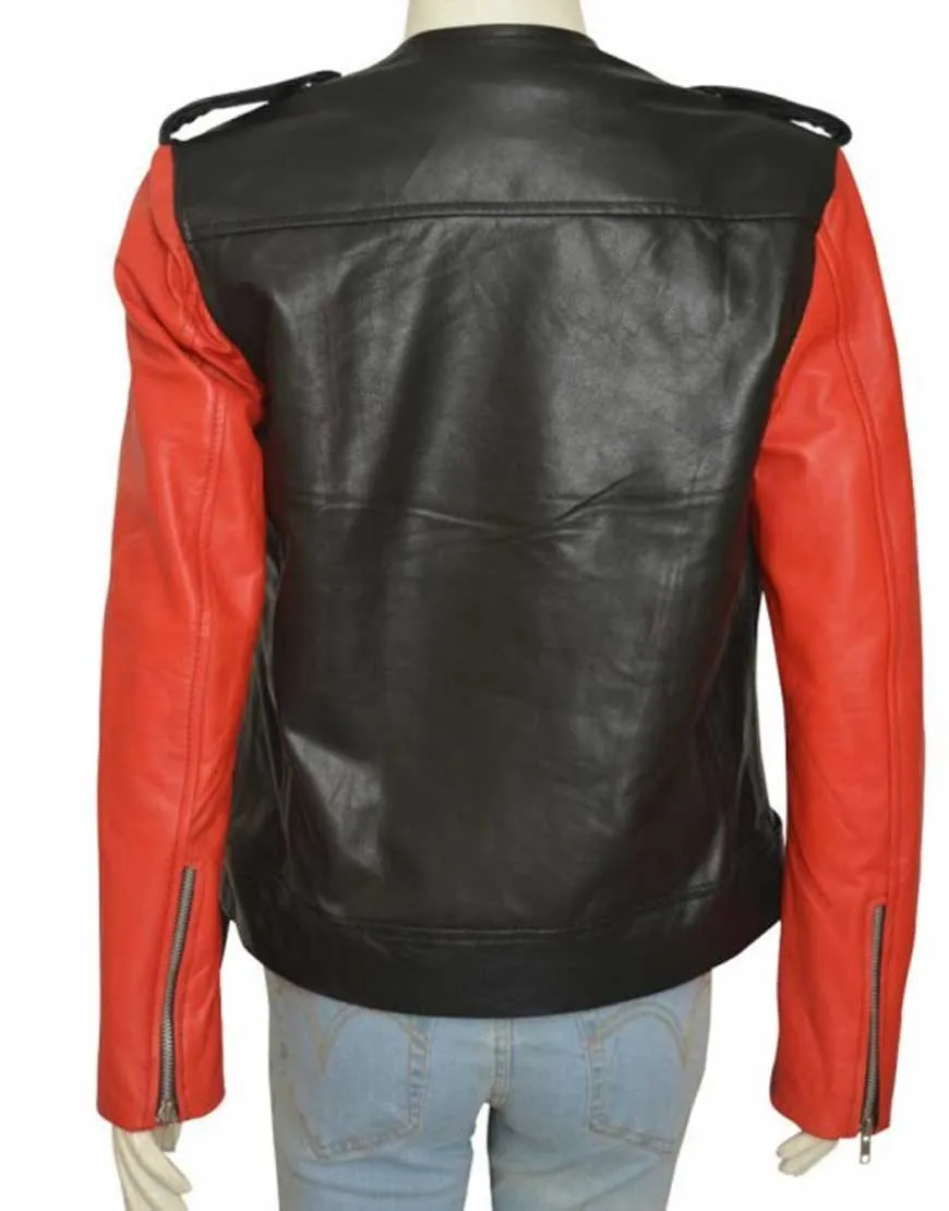 Belted Red And Black Hailey Baldwin Leather Jacket