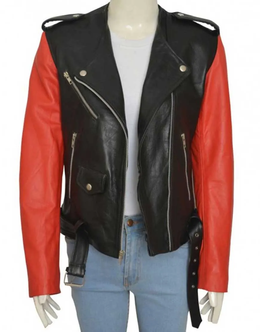 Belted Red And Black Hailey Baldwin Leather Jacket