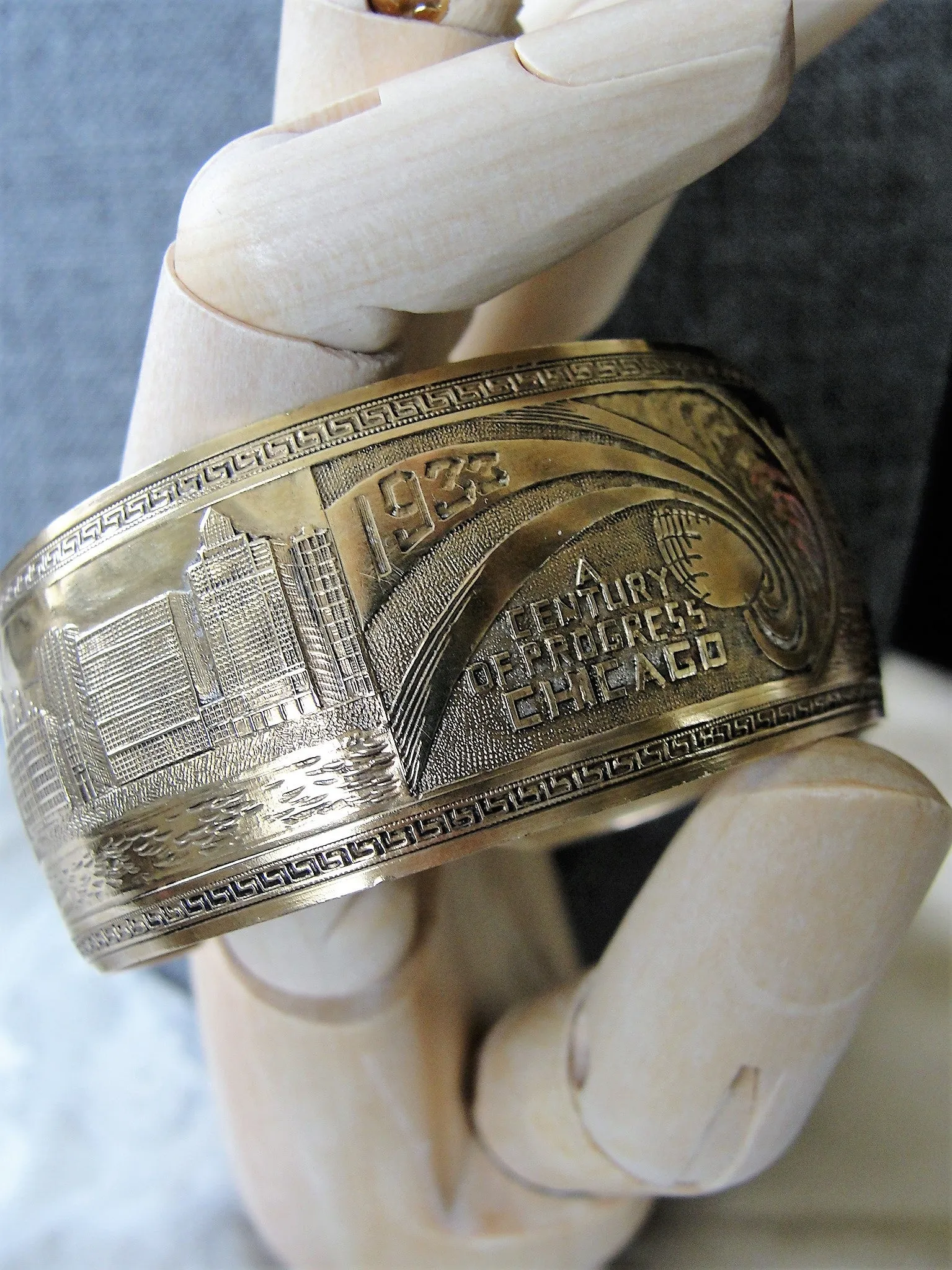 FABULOUS Art Deco Chicago Worlds Fair 1933 Cuff Bracelet,Deco Engraved Skyline, Zeppelins Blimps, A  Century of Progress Souveni