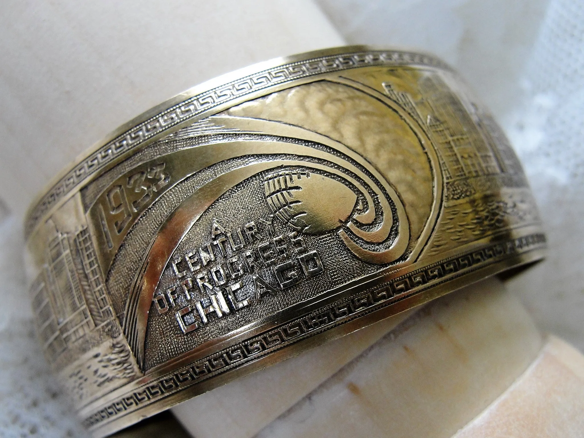 FABULOUS Art Deco Chicago Worlds Fair 1933 Cuff Bracelet,Deco Engraved Skyline, Zeppelins Blimps, A  Century of Progress Souveni