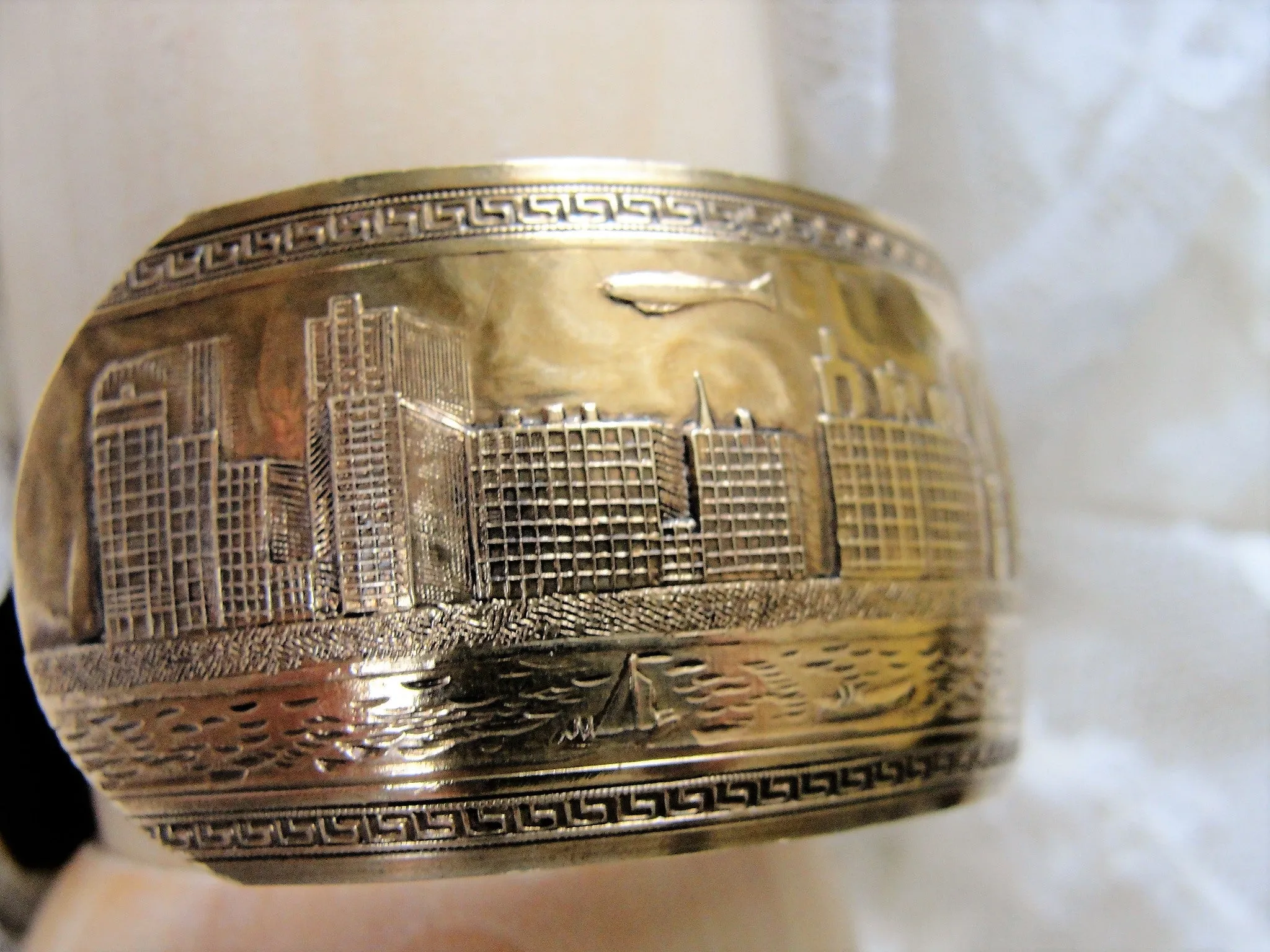 FABULOUS Art Deco Chicago Worlds Fair 1933 Cuff Bracelet,Deco Engraved Skyline, Zeppelins Blimps, A  Century of Progress Souveni