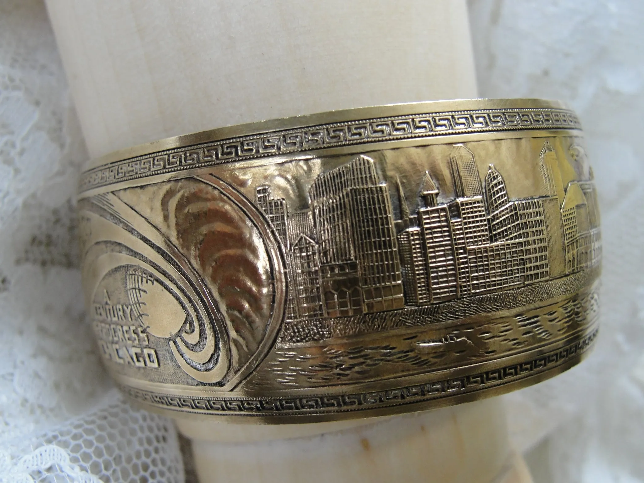 FABULOUS Art Deco Chicago Worlds Fair 1933 Cuff Bracelet,Deco Engraved Skyline, Zeppelins Blimps, A  Century of Progress Souveni