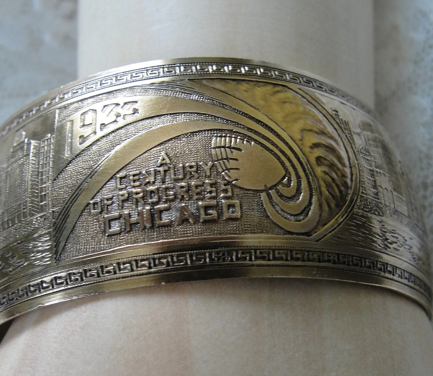 FABULOUS Art Deco Chicago Worlds Fair 1933 Cuff Bracelet,Deco Engraved Skyline, Zeppelins Blimps, A  Century of Progress Souveni