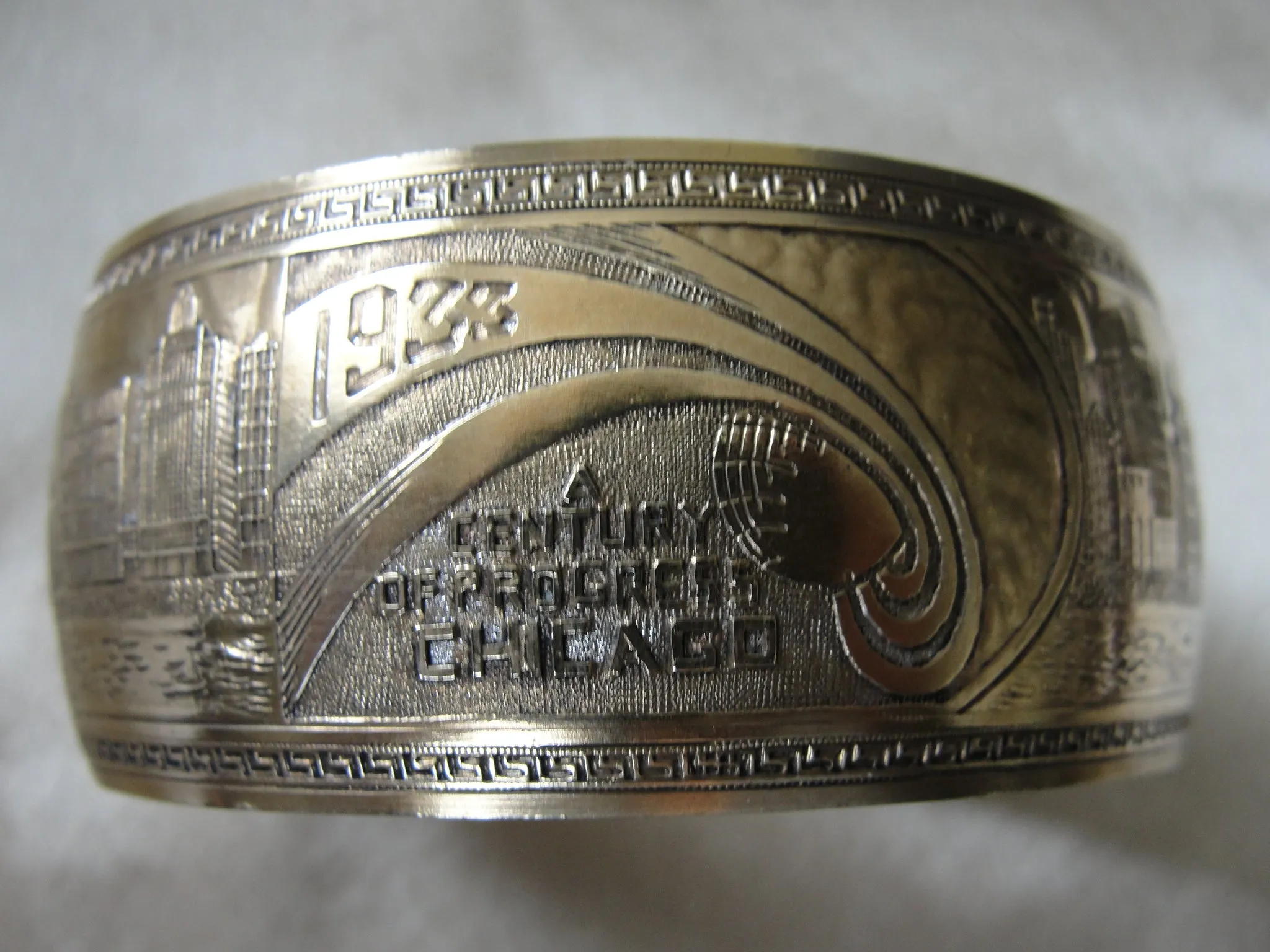 FABULOUS Art Deco Chicago Worlds Fair 1933 Cuff Bracelet,Deco Engraved Skyline, Zeppelins Blimps, A  Century of Progress Souveni