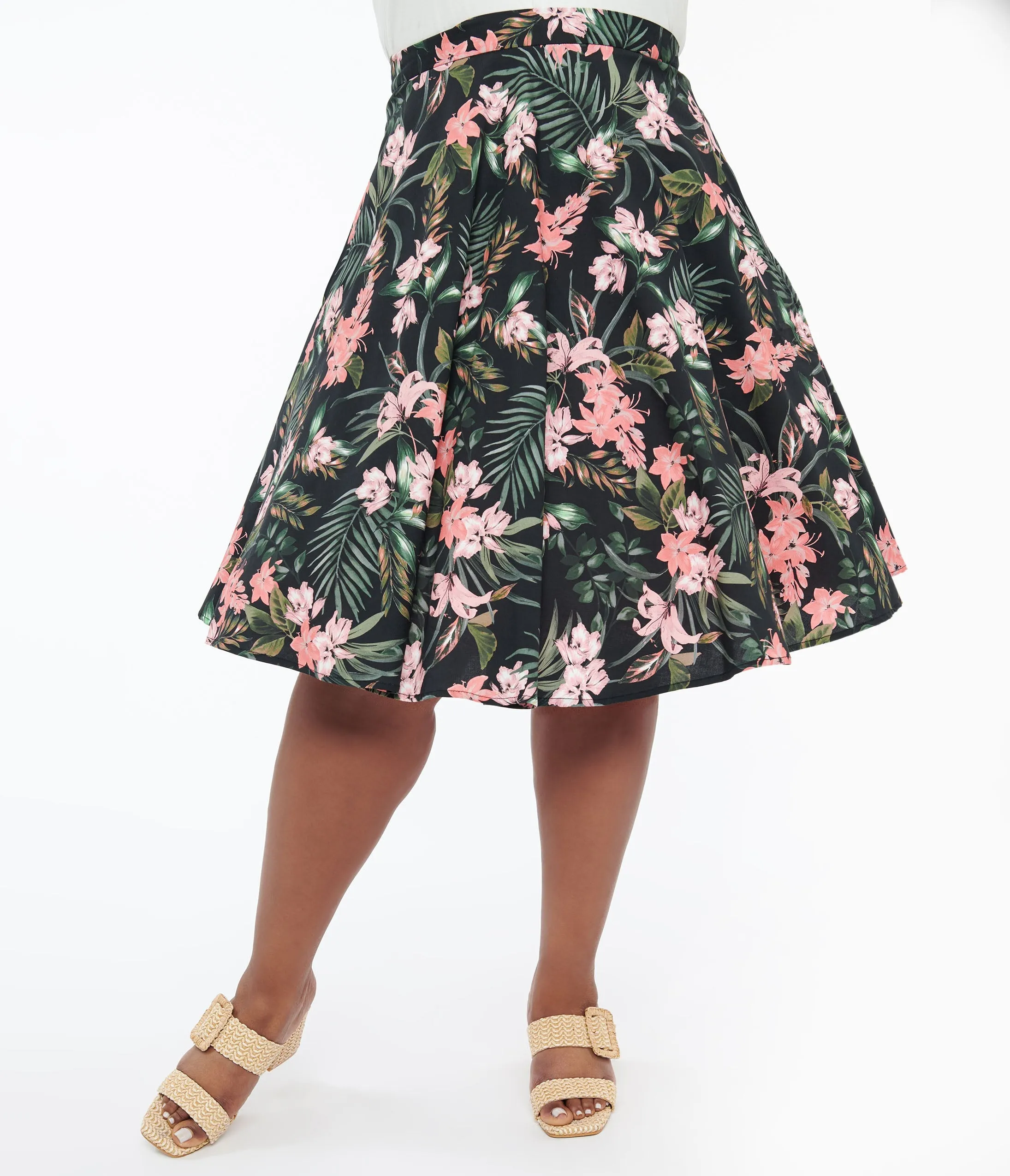 Hell Bunny Plus Size 1950s Black & Pink Tropical Floral Print Cotton Calypso Swing Skirt