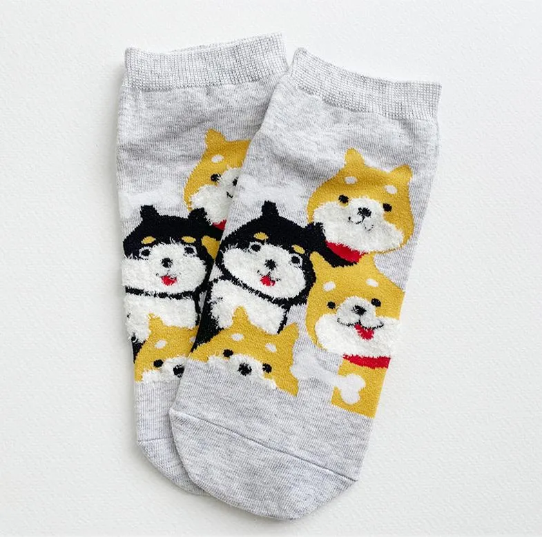 Kawaii Cute Ankle Socks - Puppies Light Grey