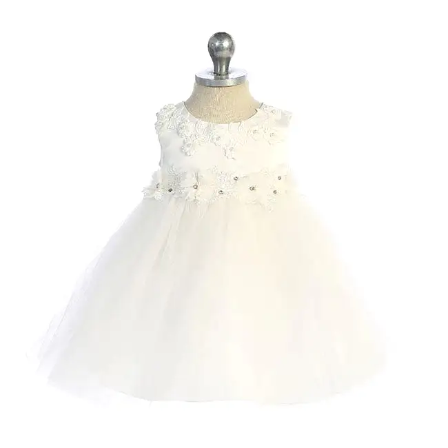 Kid's Dream Princess Ballgown Baby Dress with Floral Trim - Ivory