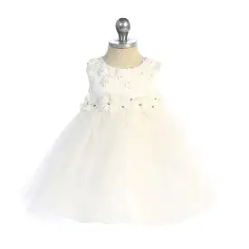 Kid's Dream Princess Ballgown Baby Dress with Floral Trim - Ivory