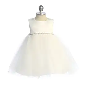 Kid's Dream Satin Top Baby Dress With Rhinestones & Pearls - Ivory