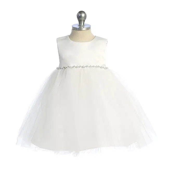 Kid's Dream Satin Top Baby Dress With Rhinestones & Pearls - White