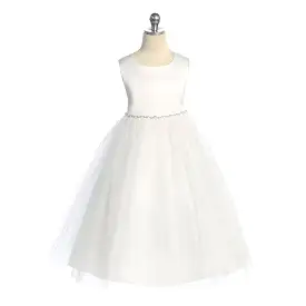 Kid's Dream Satin Top Dress With Wavy Rhinestone & Pearl Trim - White