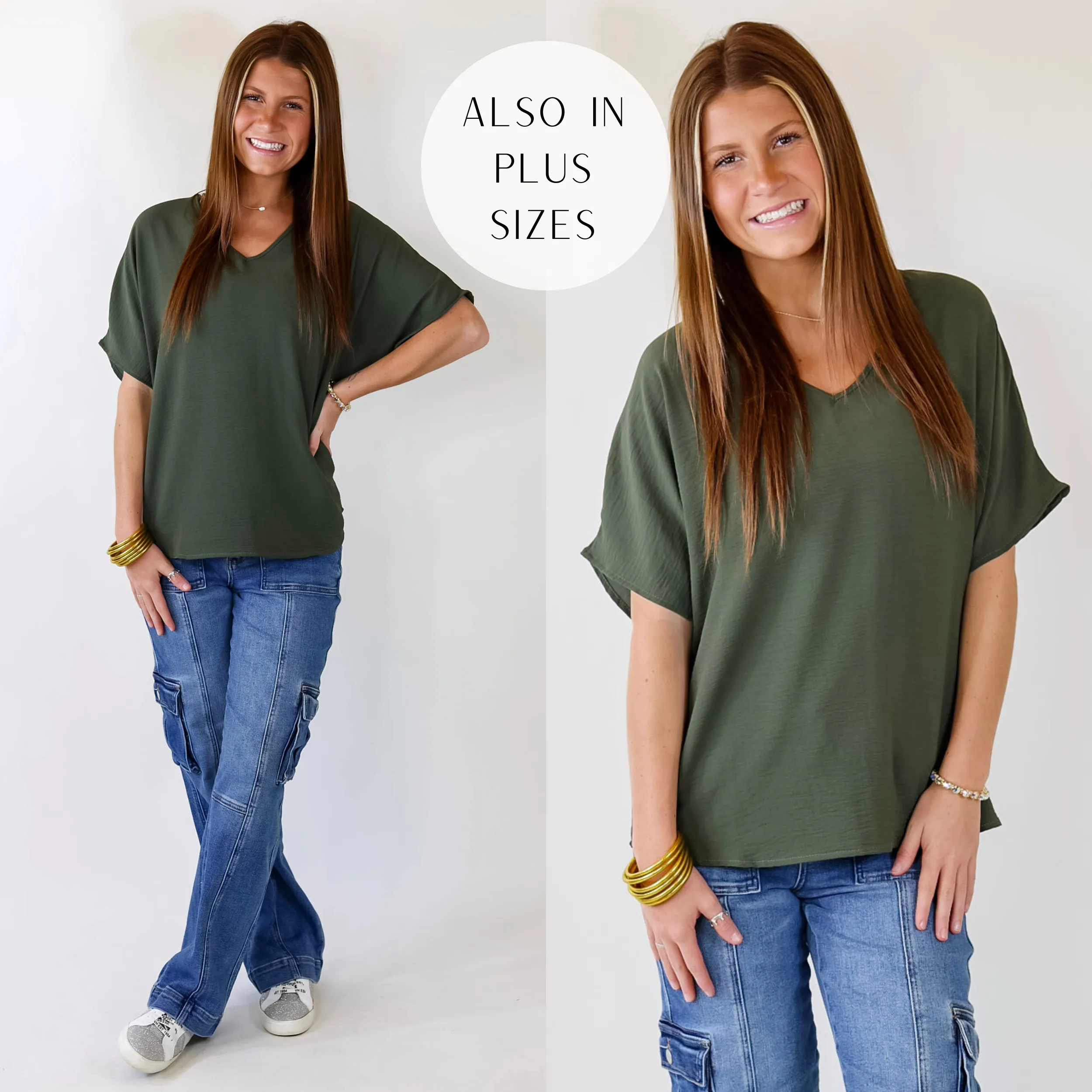 Last Chance Size Small | Lovely Dear V Neck Short Sleeve Solid Top in Olive Green