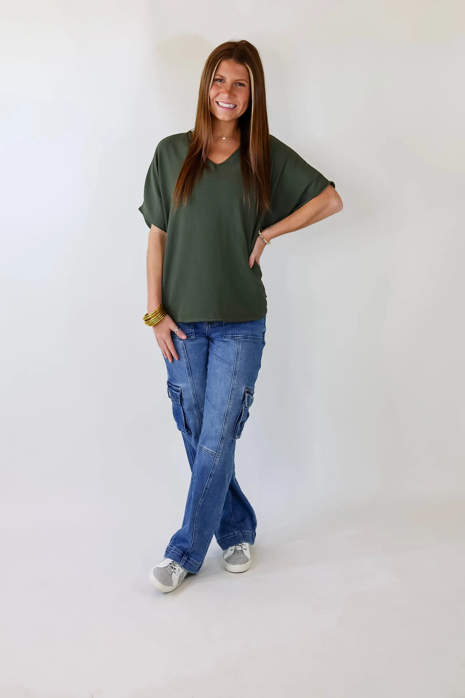 Last Chance Size Small | Lovely Dear V Neck Short Sleeve Solid Top in Olive Green