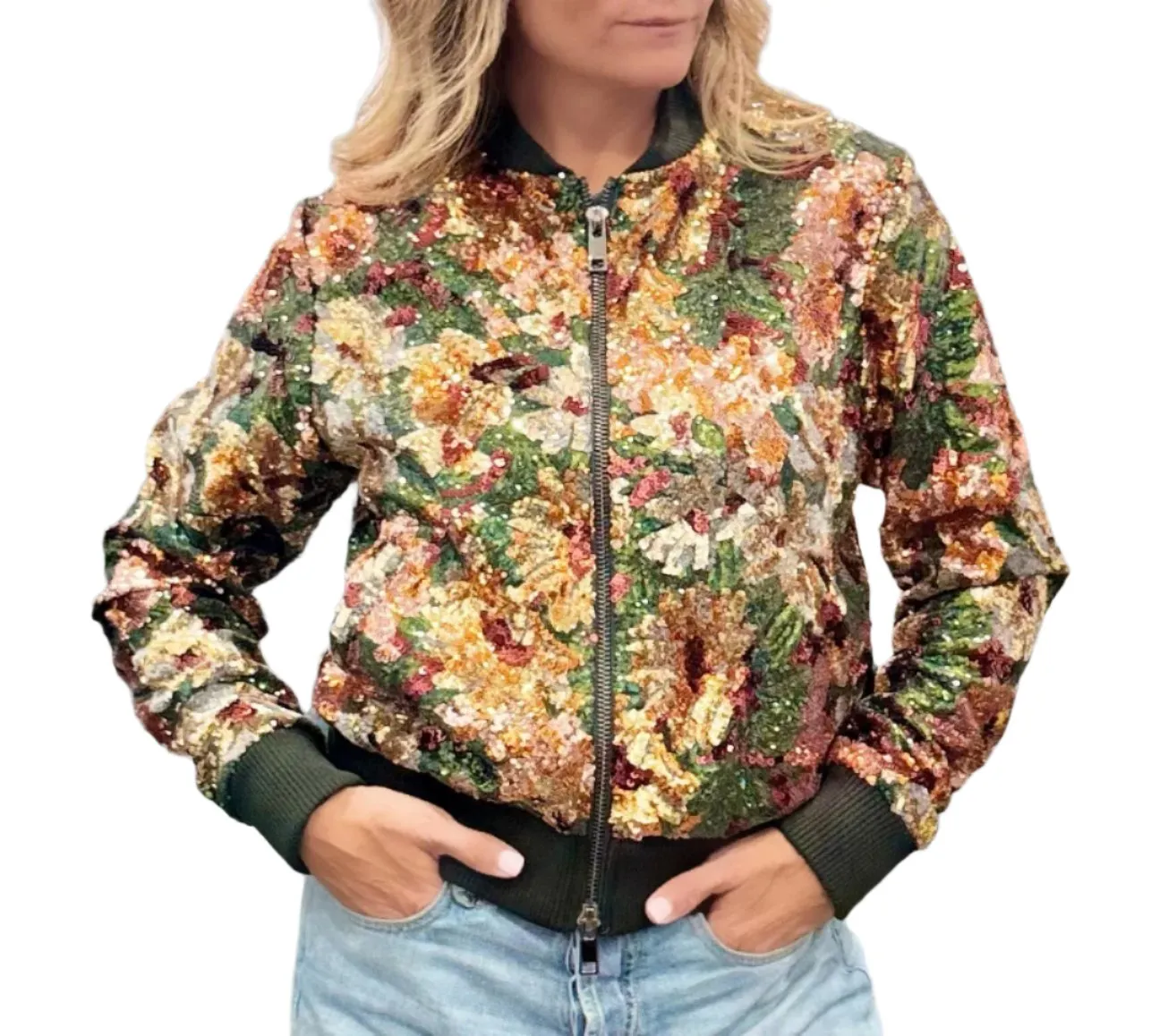 Le Superbe Fall Floral Sequin Bomber