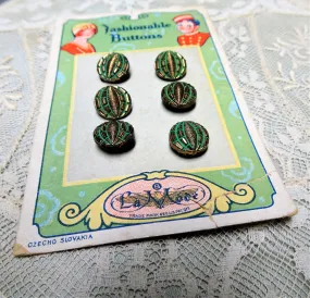 LOVELY 20s Antique BUTTONS,Set of 6 Czech Glass Green Gold Tiny Buttons on Card,Art Deco Flapper Era,DOLL Size,Collectible Vinta