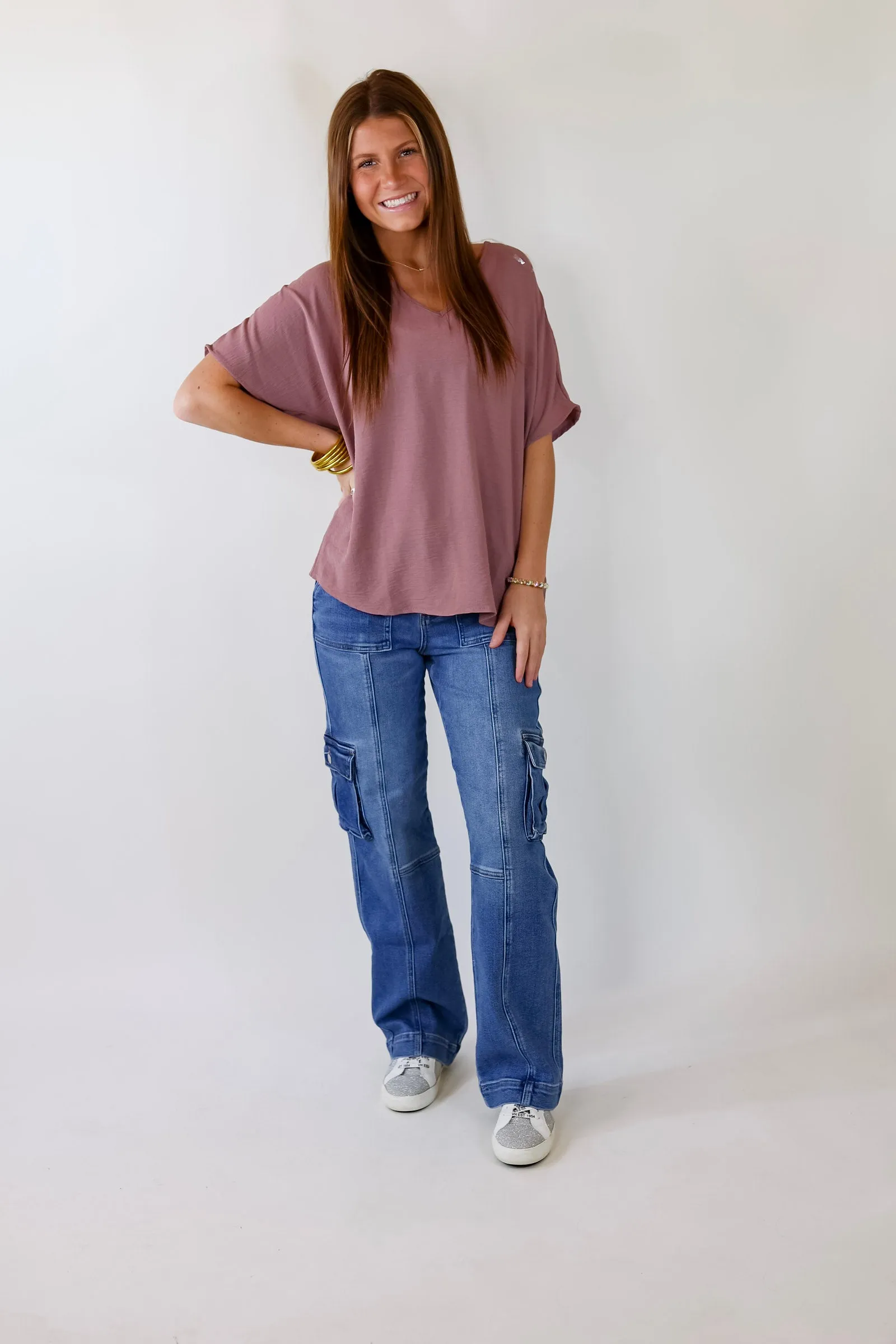 Lovely Dear V Neck Short Sleeve Solid Top in Mauve Purple