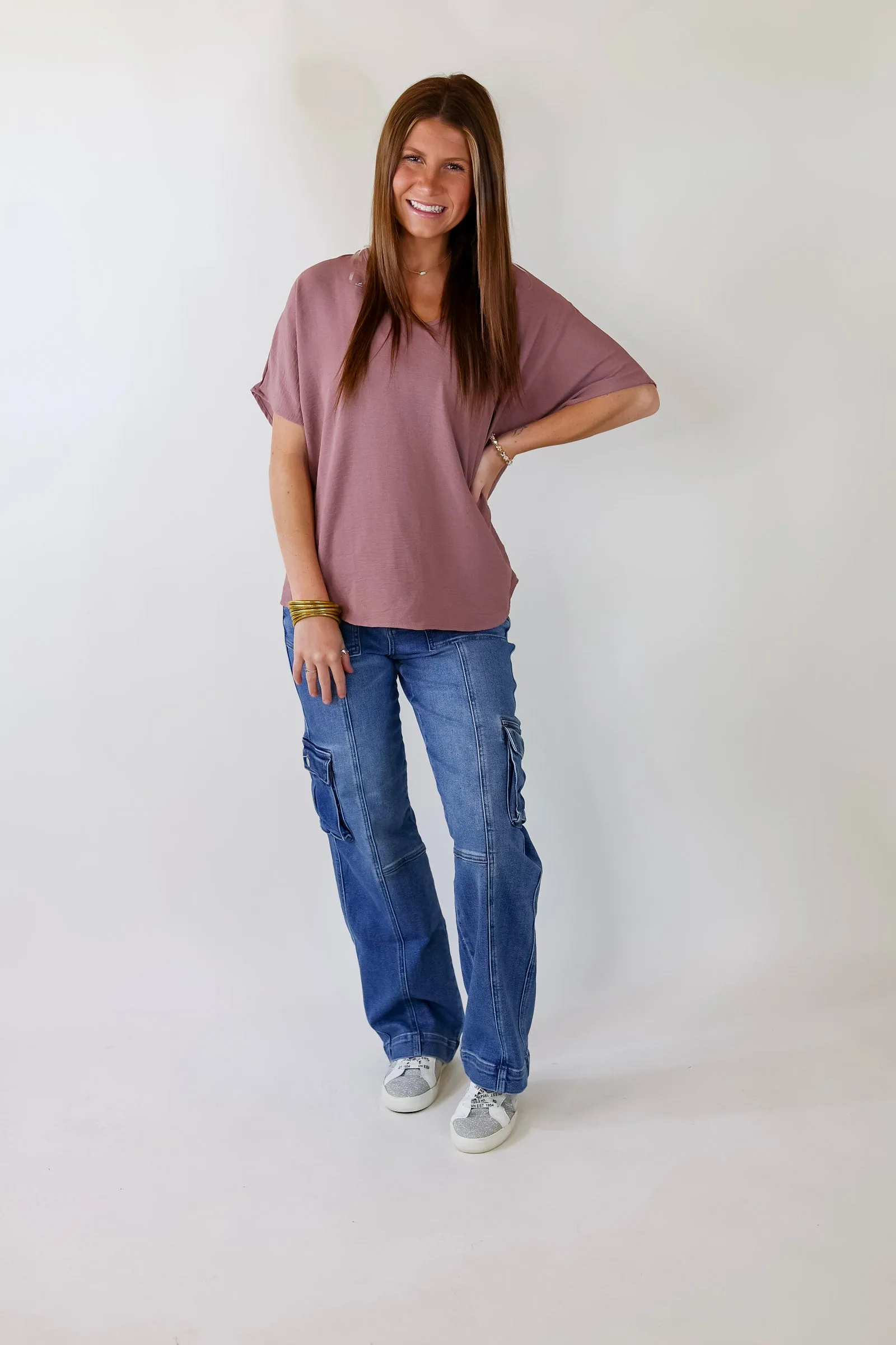 Lovely Dear V Neck Short Sleeve Solid Top in Mauve Purple