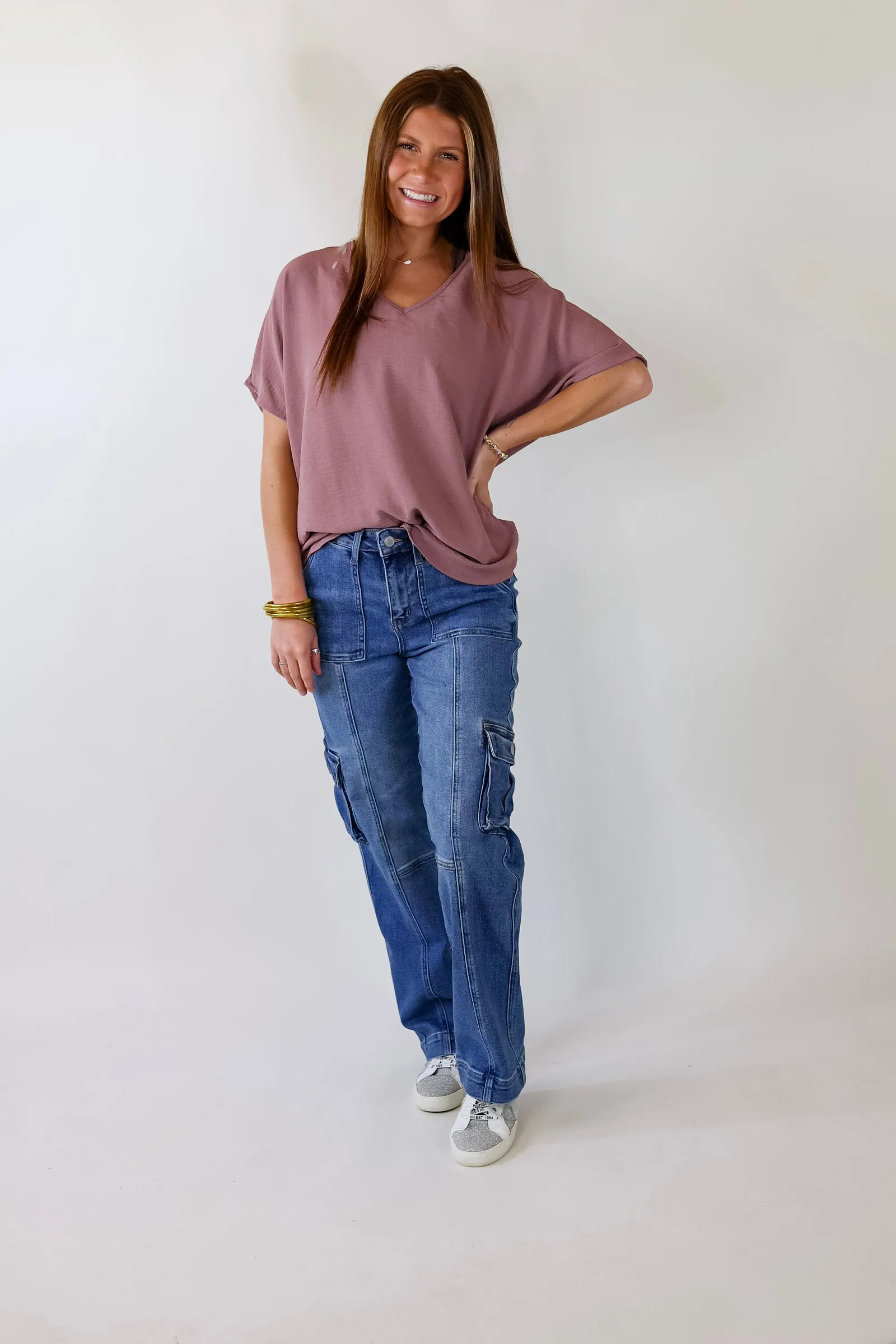 Lovely Dear V Neck Short Sleeve Solid Top in Mauve Purple