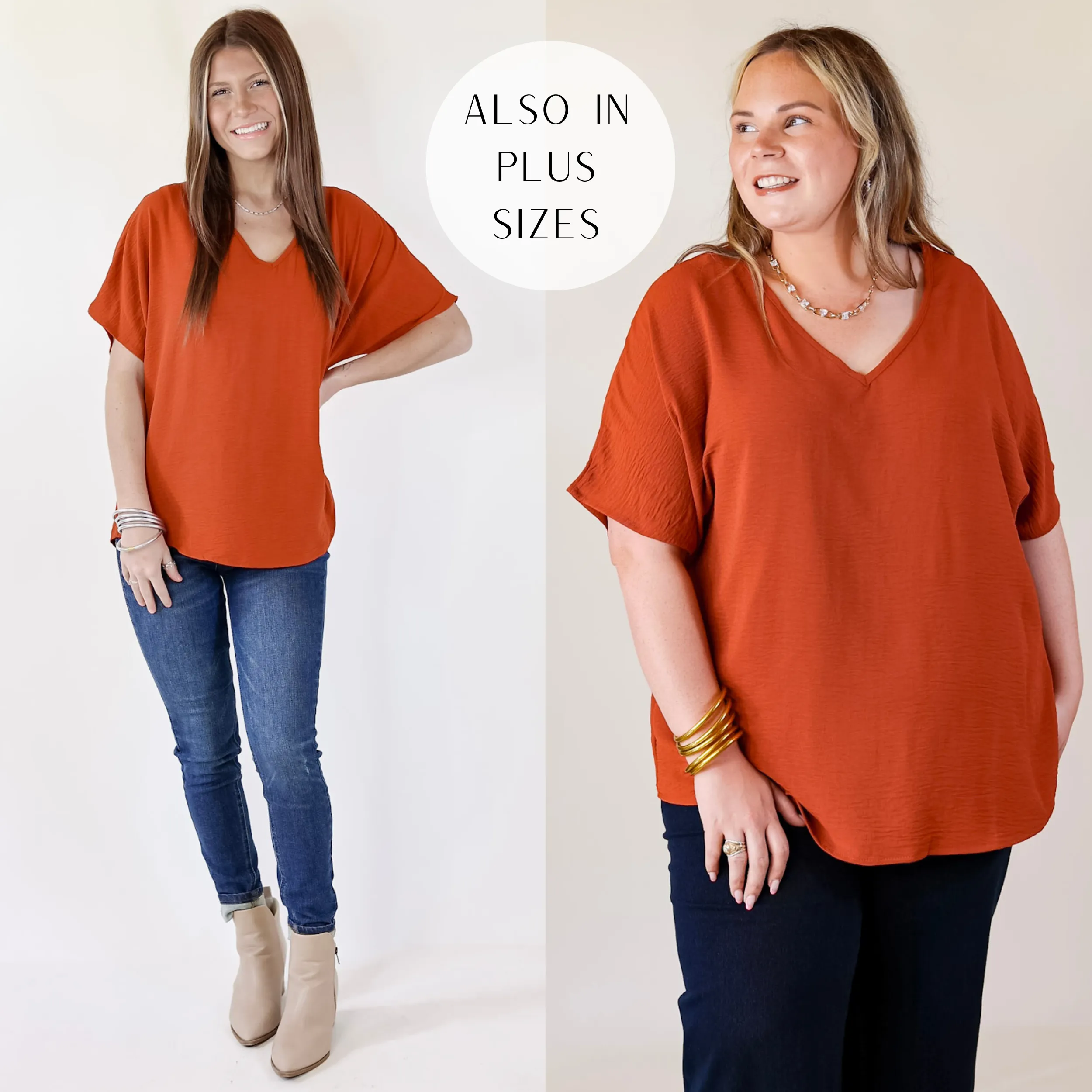 Lovely Dear V Neck Short Sleeve Solid Top in Rust Orange