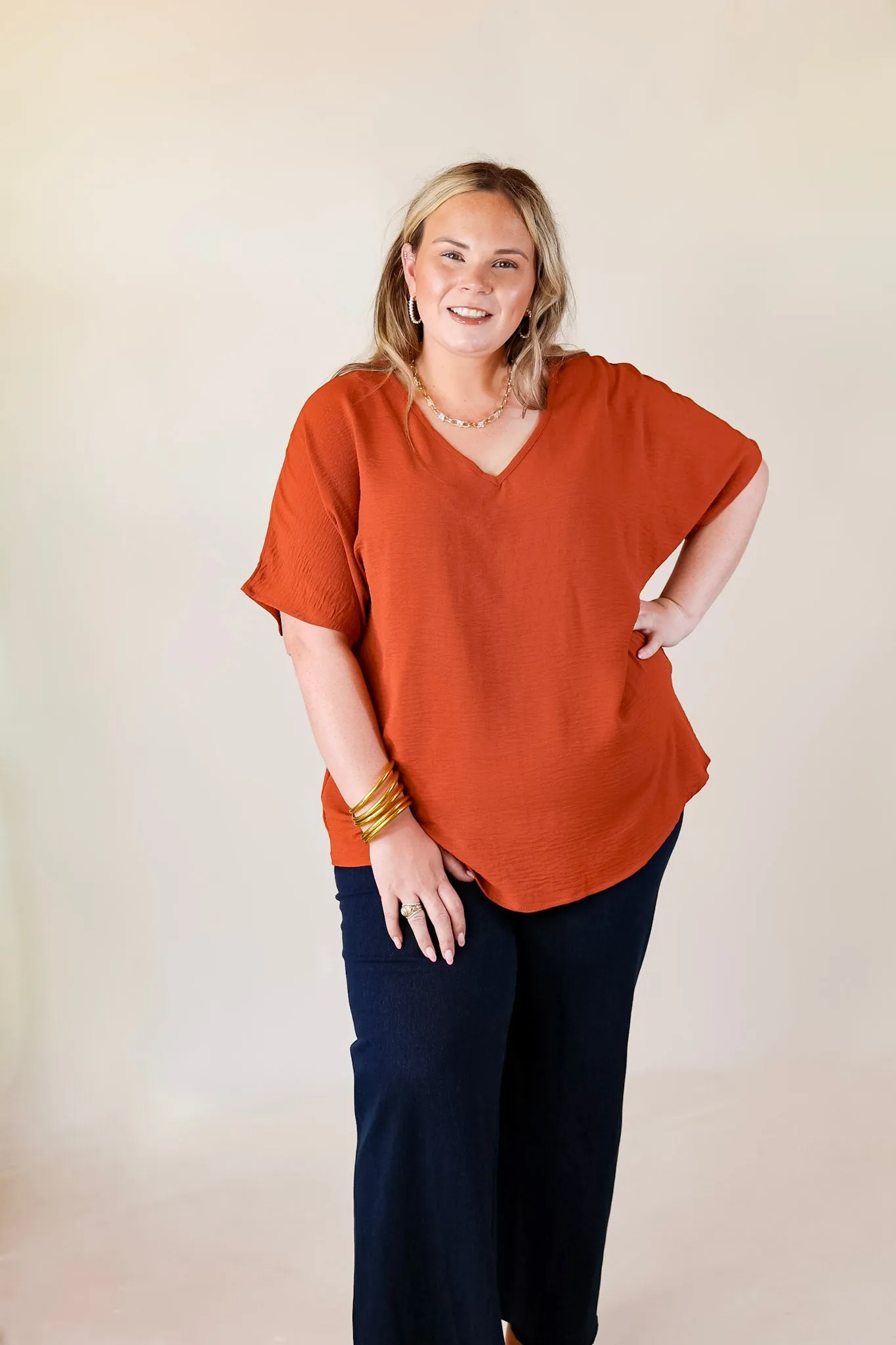 Lovely Dear V Neck Short Sleeve Solid Top in Rust Orange