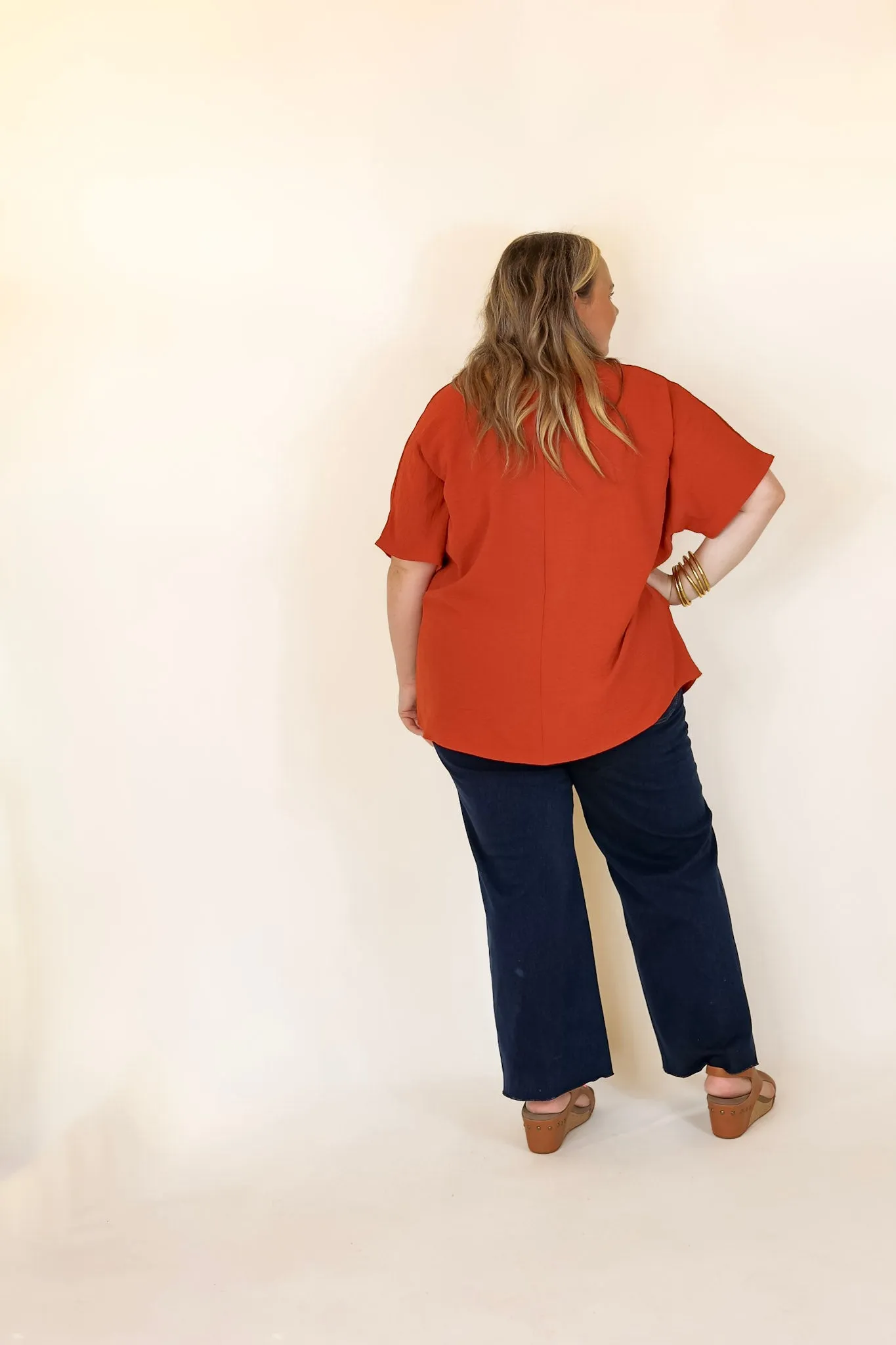 Lovely Dear V Neck Short Sleeve Solid Top in Rust Orange