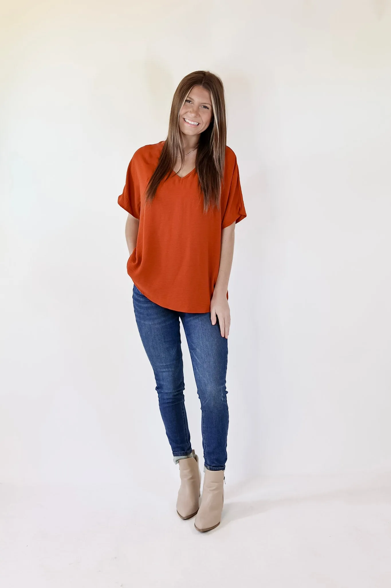 Lovely Dear V Neck Short Sleeve Solid Top in Rust Orange