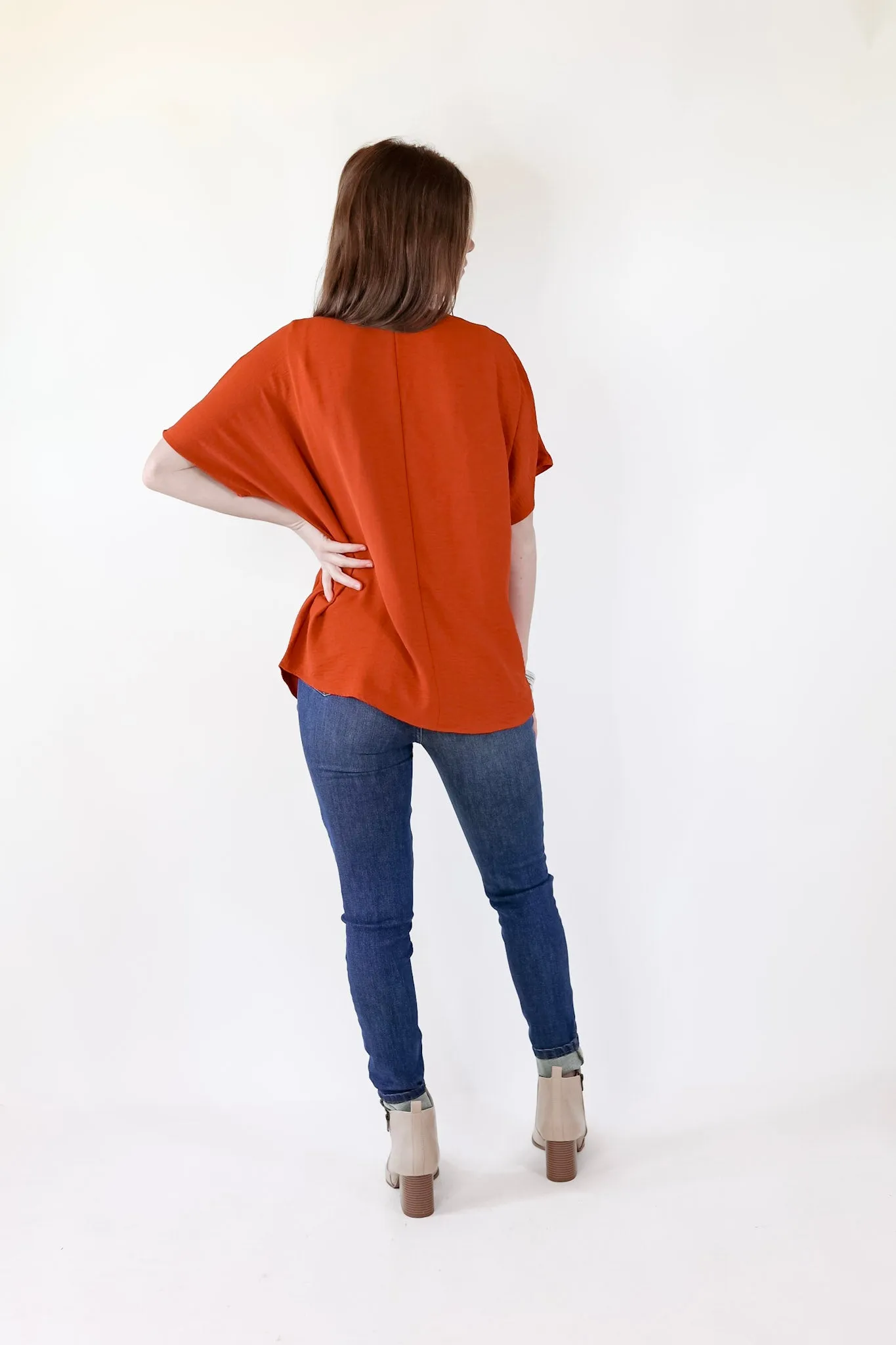 Lovely Dear V Neck Short Sleeve Solid Top in Rust Orange