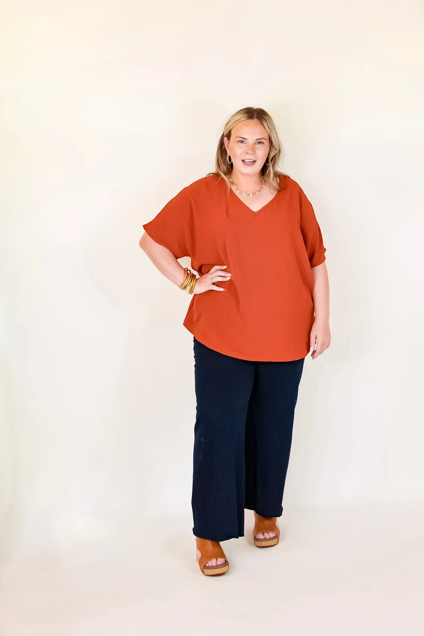 Lovely Dear V Neck Short Sleeve Solid Top in Rust Orange