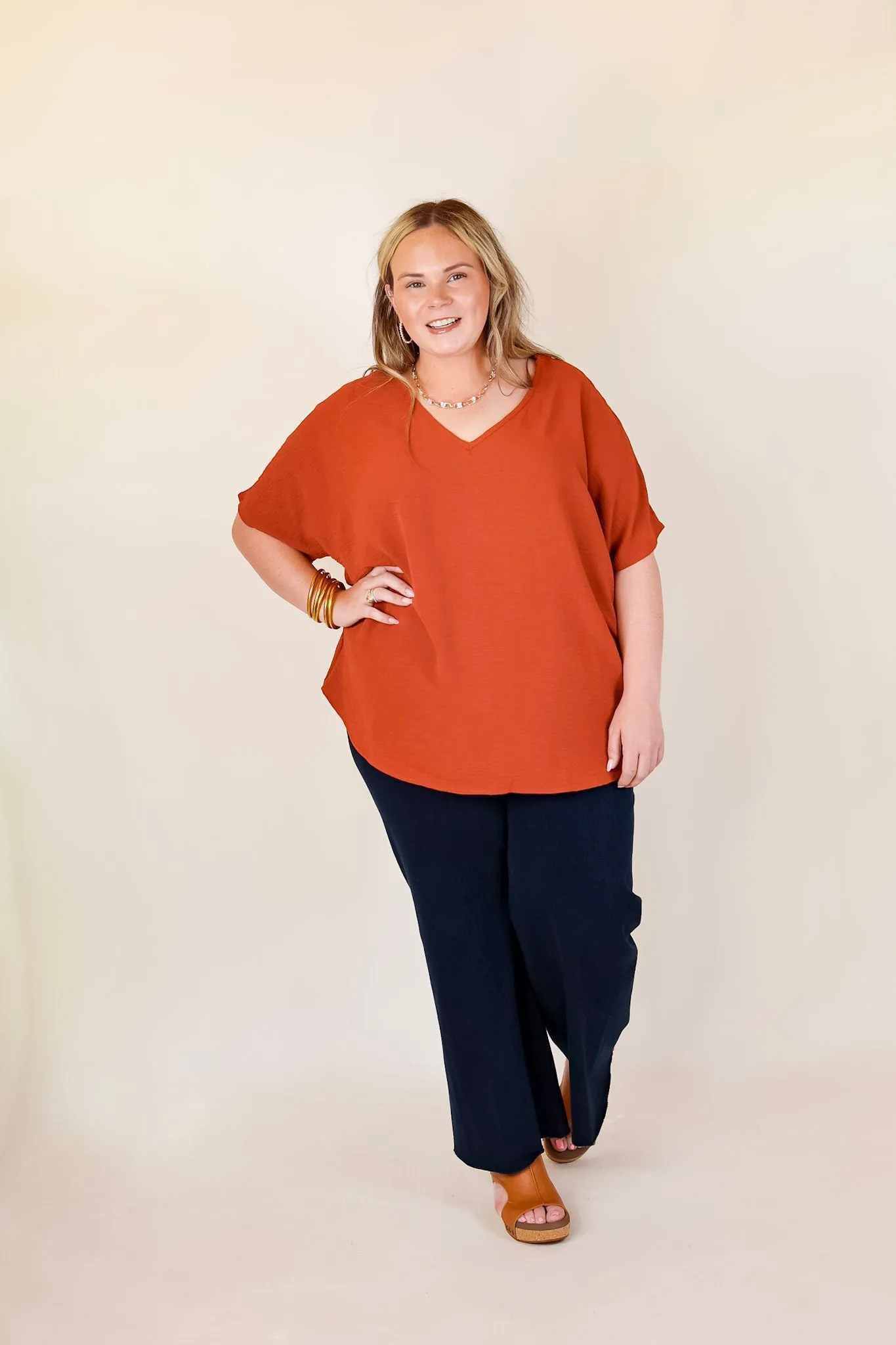 Lovely Dear V Neck Short Sleeve Solid Top in Rust Orange