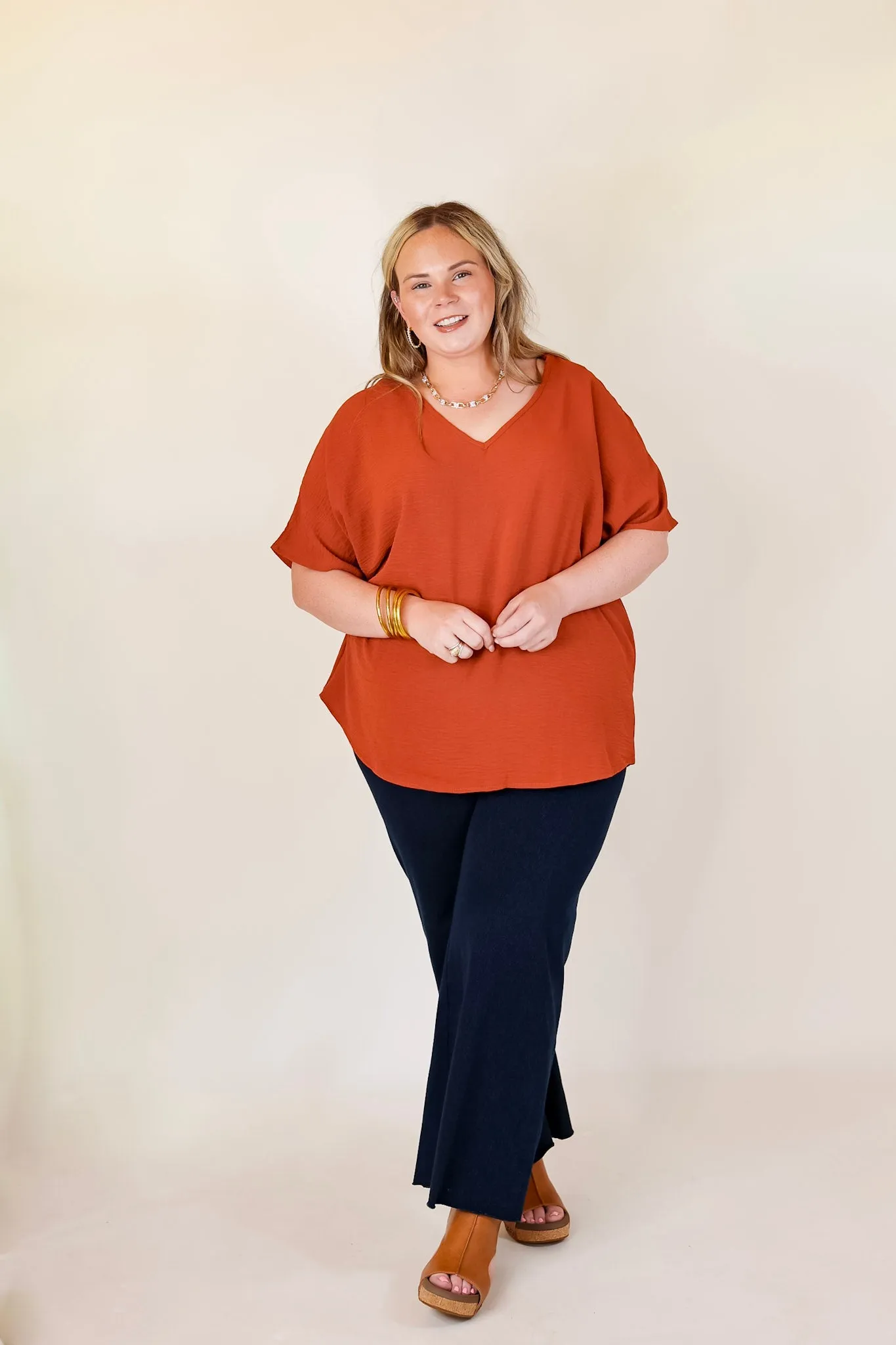 Lovely Dear V Neck Short Sleeve Solid Top in Rust Orange