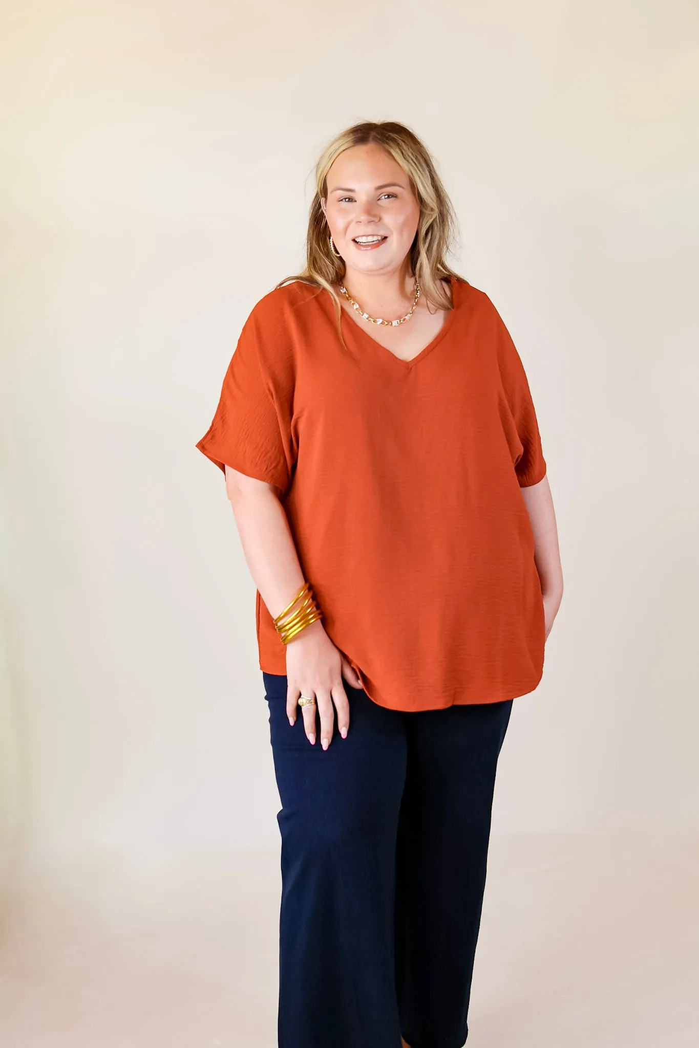 Lovely Dear V Neck Short Sleeve Solid Top in Rust Orange