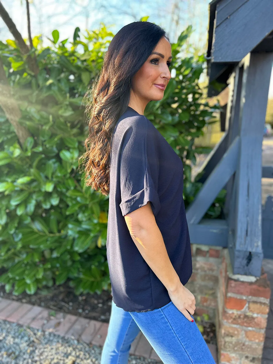 Navy Twist Front Crepe Blouse Elizabeth