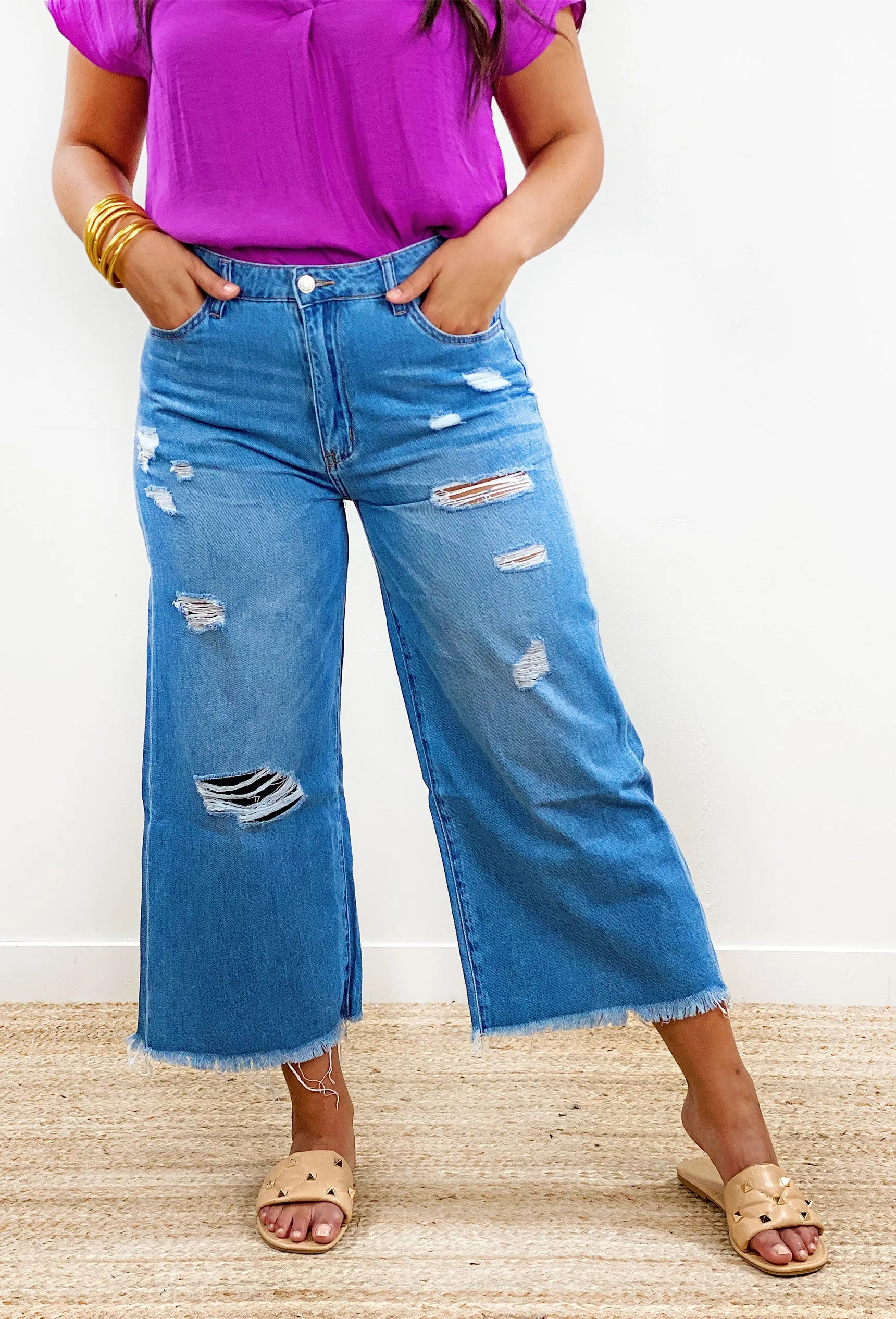 Olivia Wide Leg Distressed Denim by Vervet