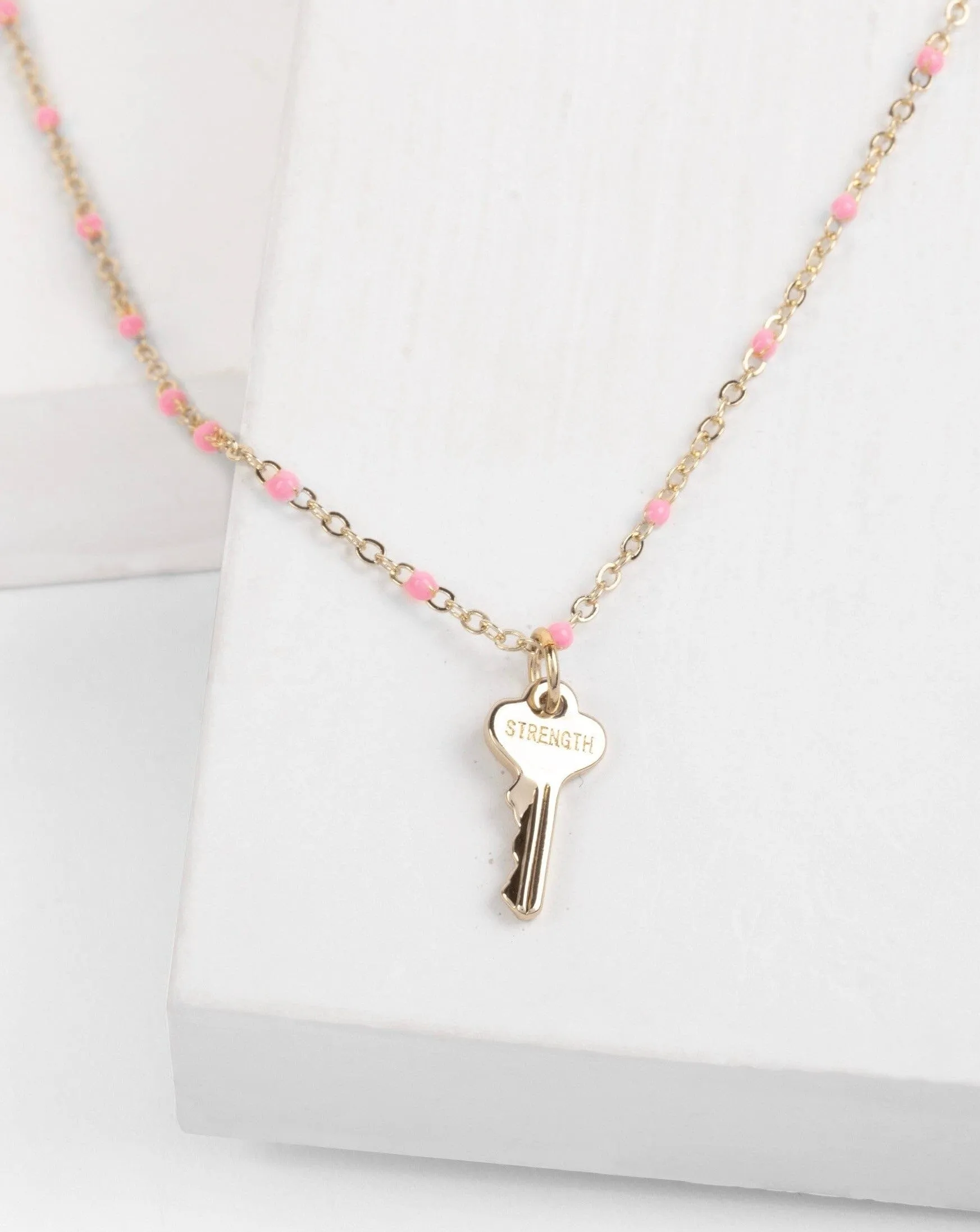 Pink Beaded Petite Key Necklace