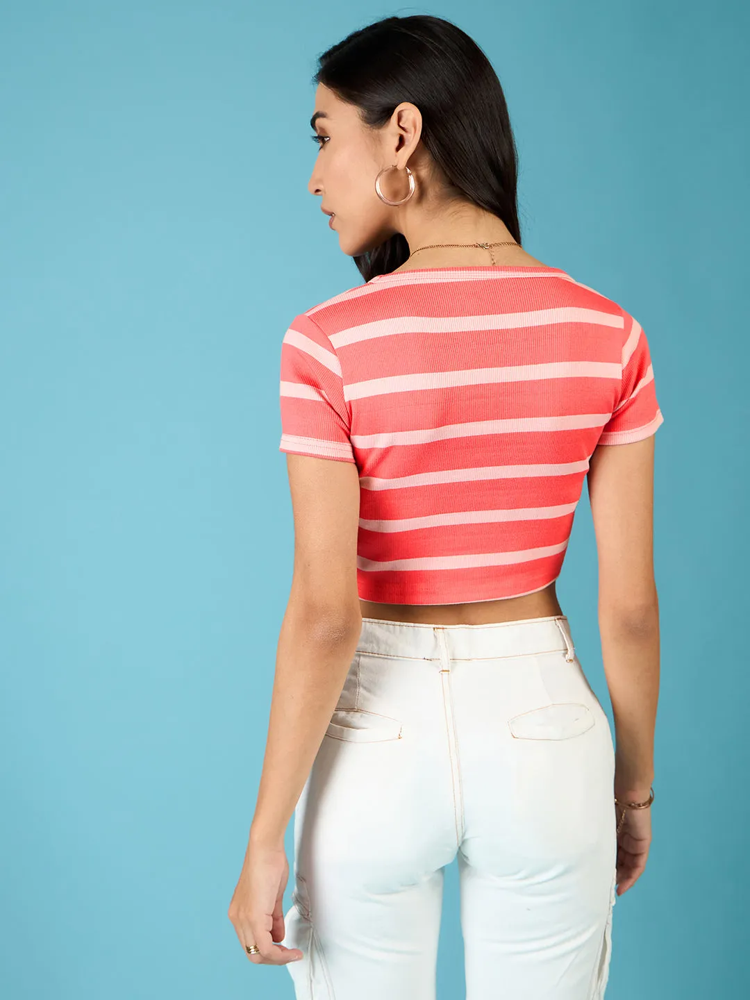 Stretchable Ribbed Half Sleeve Crop Top