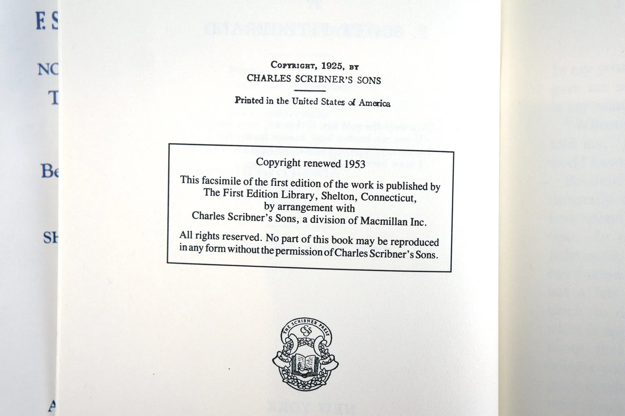 The Great Gatsby, F. Scott Fitzgerald. Charles Scribner’s and Sons, 1925; First Edition Library edition, 1990.