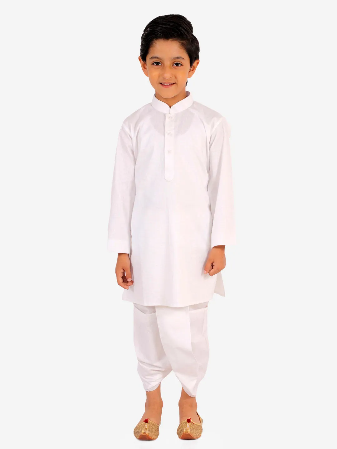 Vastramay Boy's Maroon And White Matka Silk Jacket, Kurta and Dhoti Set