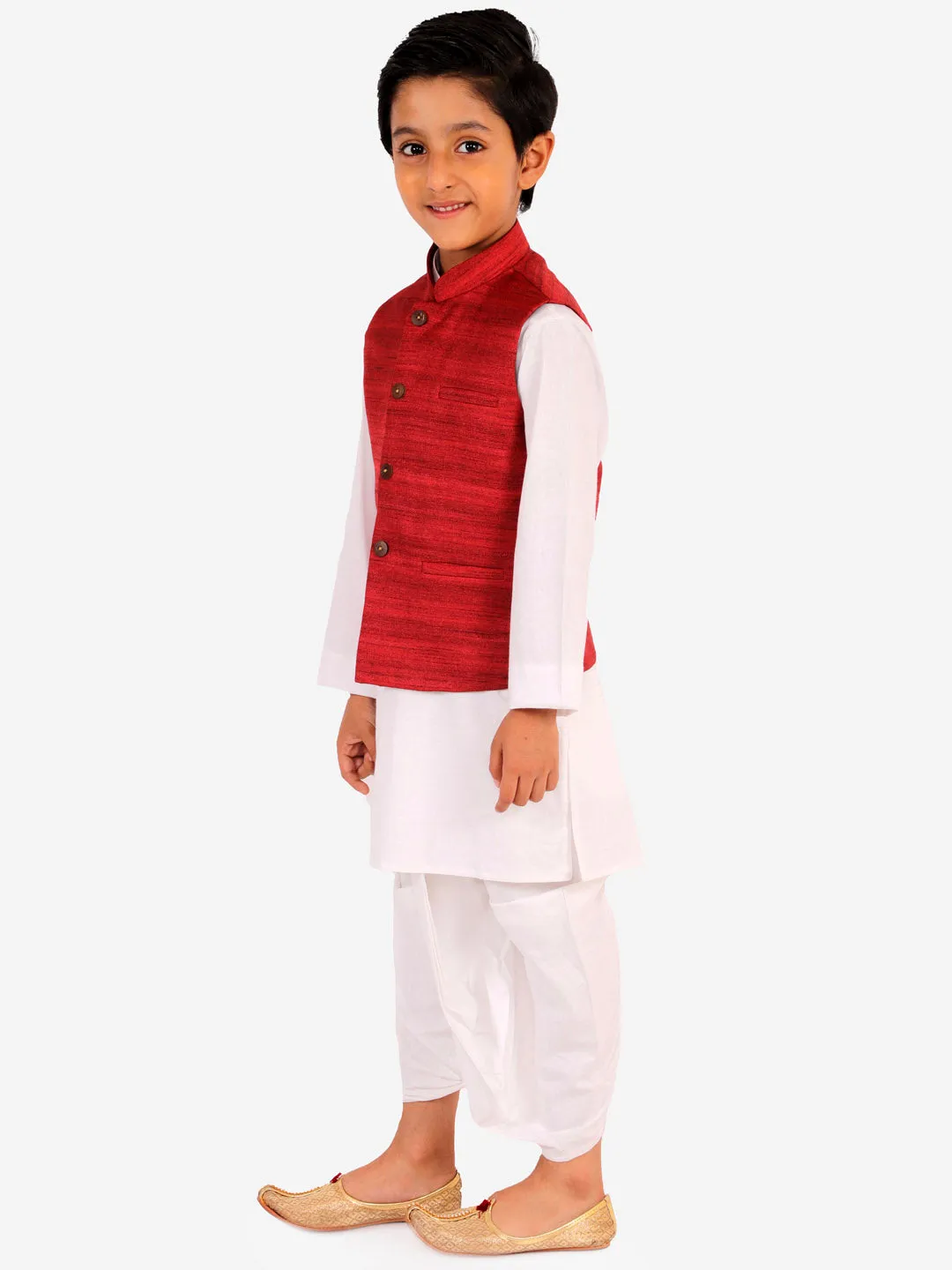 Vastramay Boy's Maroon And White Matka Silk Jacket, Kurta and Dhoti Set